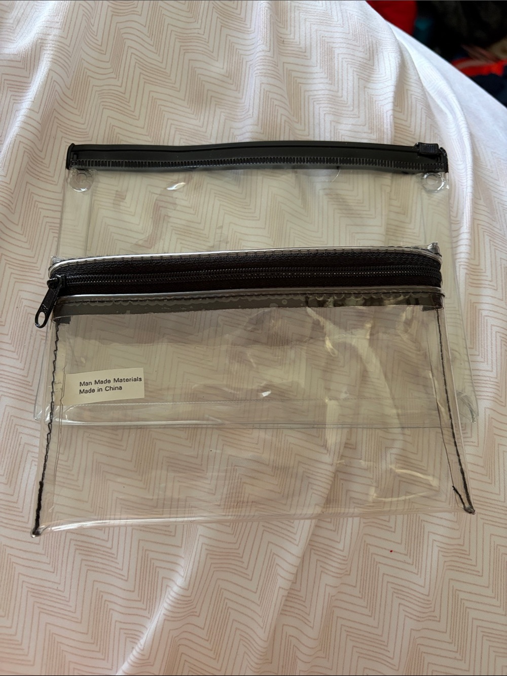 2 Clear PVC Travel Pouches with Black Trim and Zipper